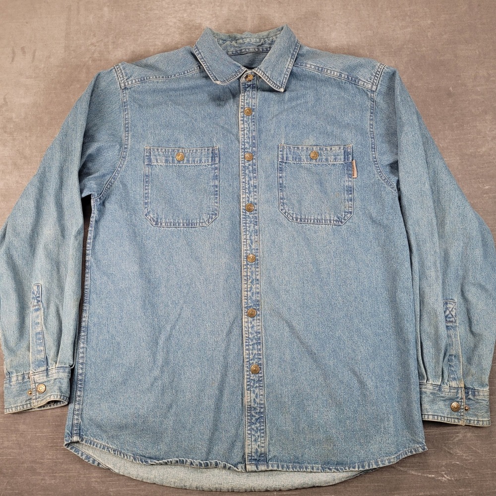 Wolverine Mens Blue Denim Long Sleeve Button Up Work Shirt Large L Heavyweight
